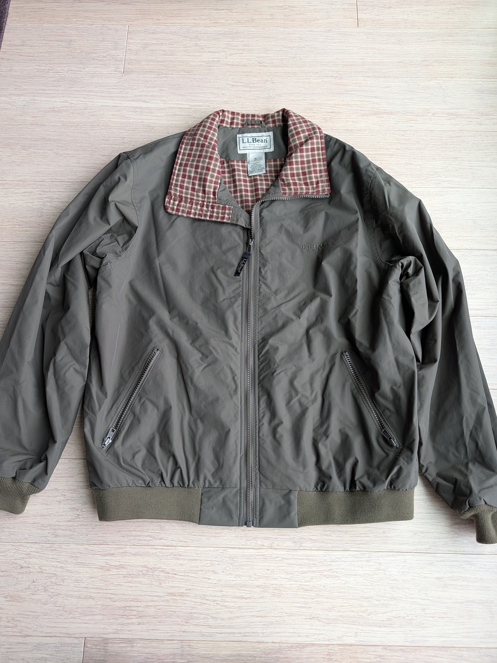 L.L. Bean Olive Green Bomber Jacket with Red Plaid Collar